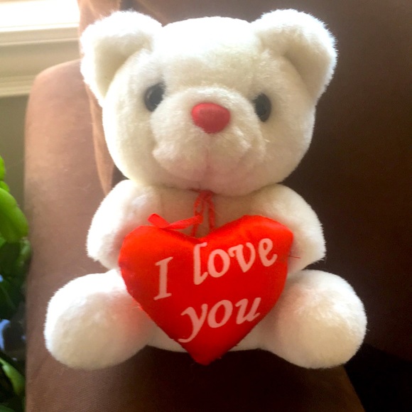 I Love You" Plush Bear - Cuddly White Teddy Holding Red Heart - Picture 1 of 6